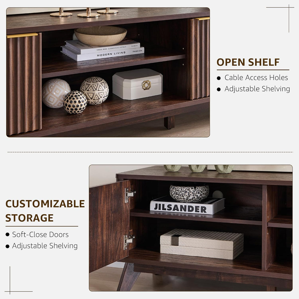 Close-up of the open center shelf and adjustable interior shelving inside a dark walnut TV stand