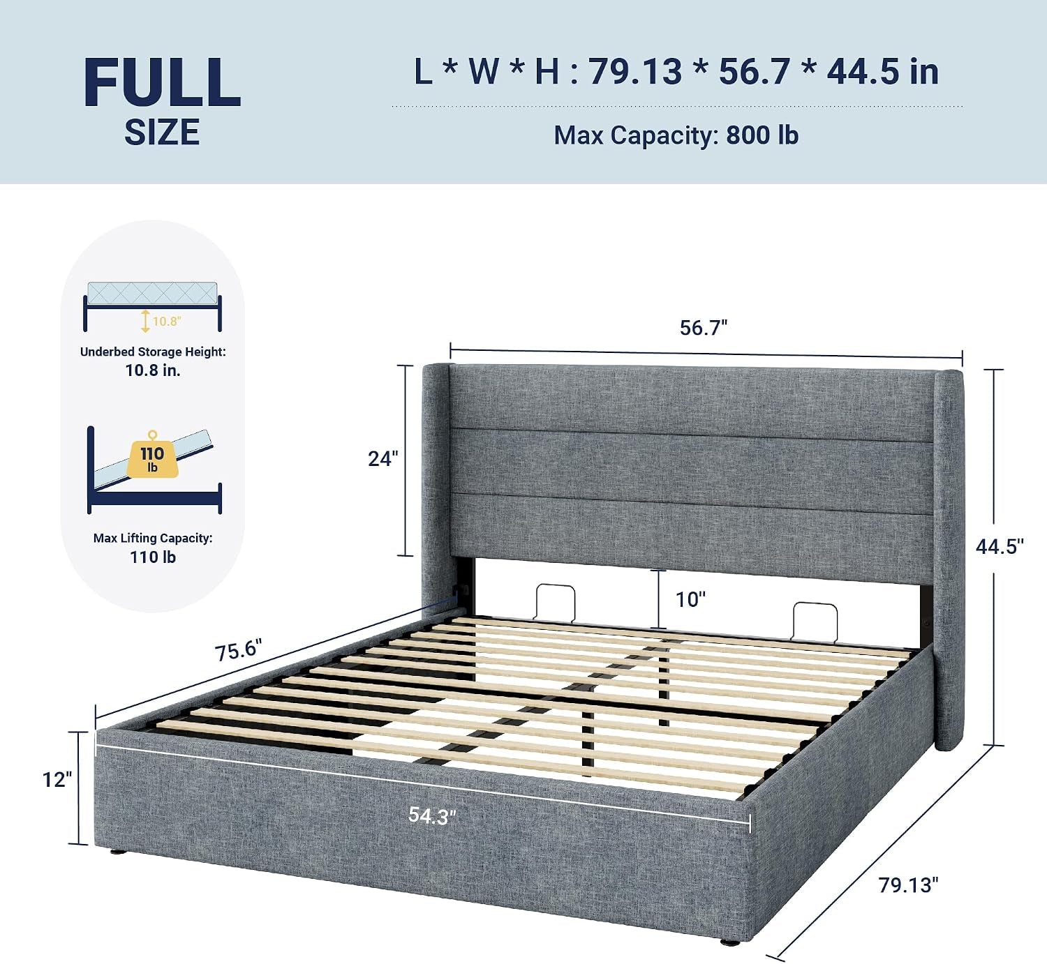 Dimensional illustration of the bed with measurements and a front view of the wingback headboard labeled Full size.