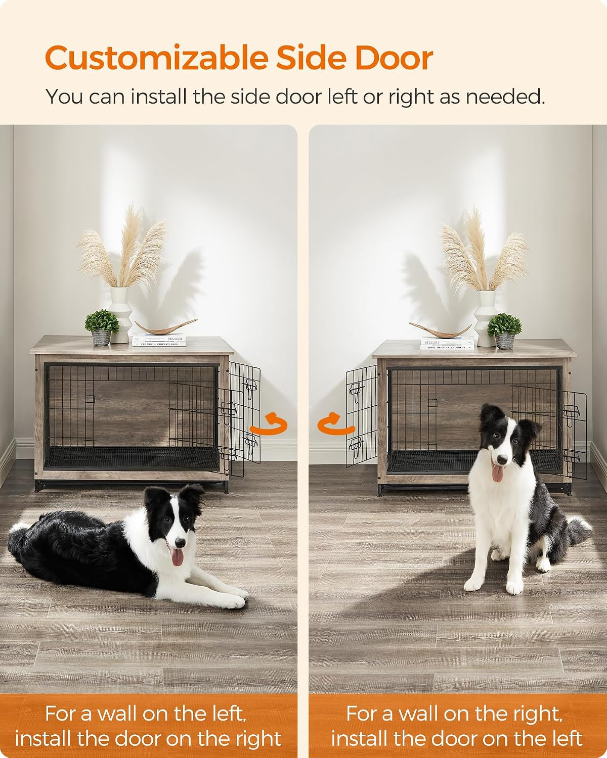 Two side-by-side views showing the configurable side door installed on the left and on the right with a dog nearby