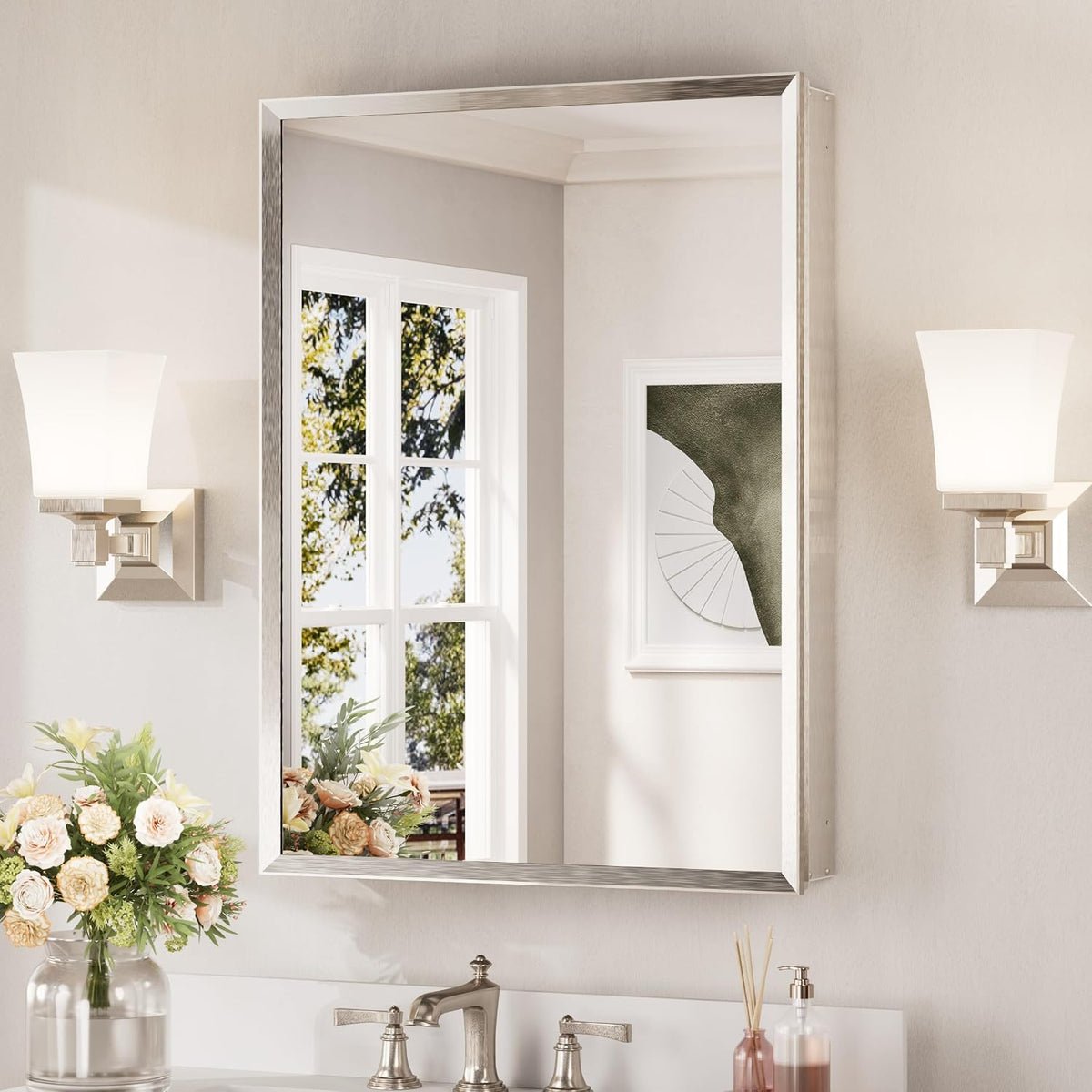 Single-door view of a mirrored medicine cabinet in a brushed silver finish next to wall sconces