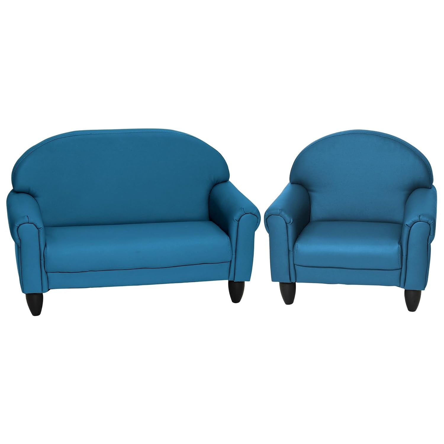 Two-piece kids sofa and matching armchair in bright teal on a white background