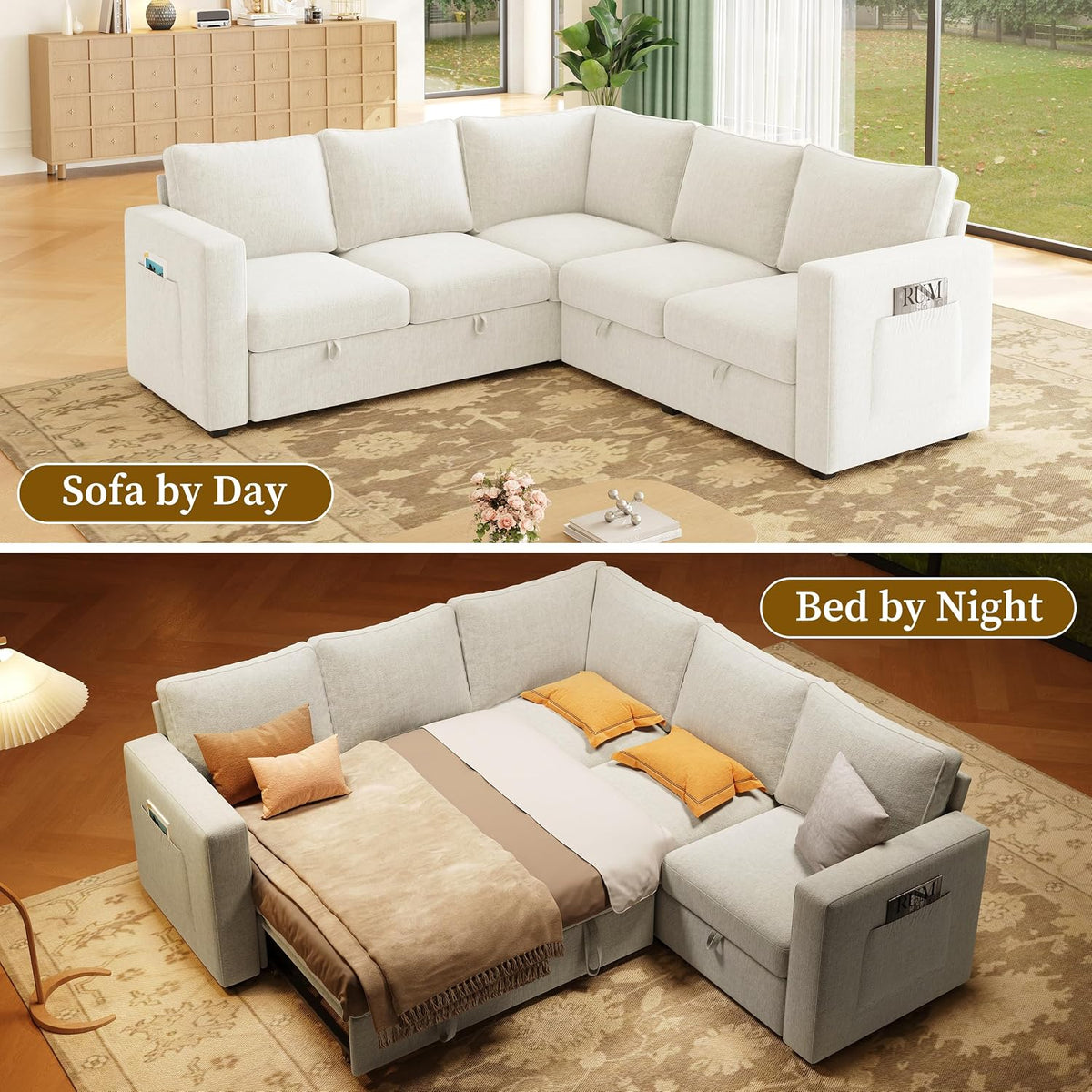 Two-scene montage showing the sectional as a sofa by day and converted to a bed by night
