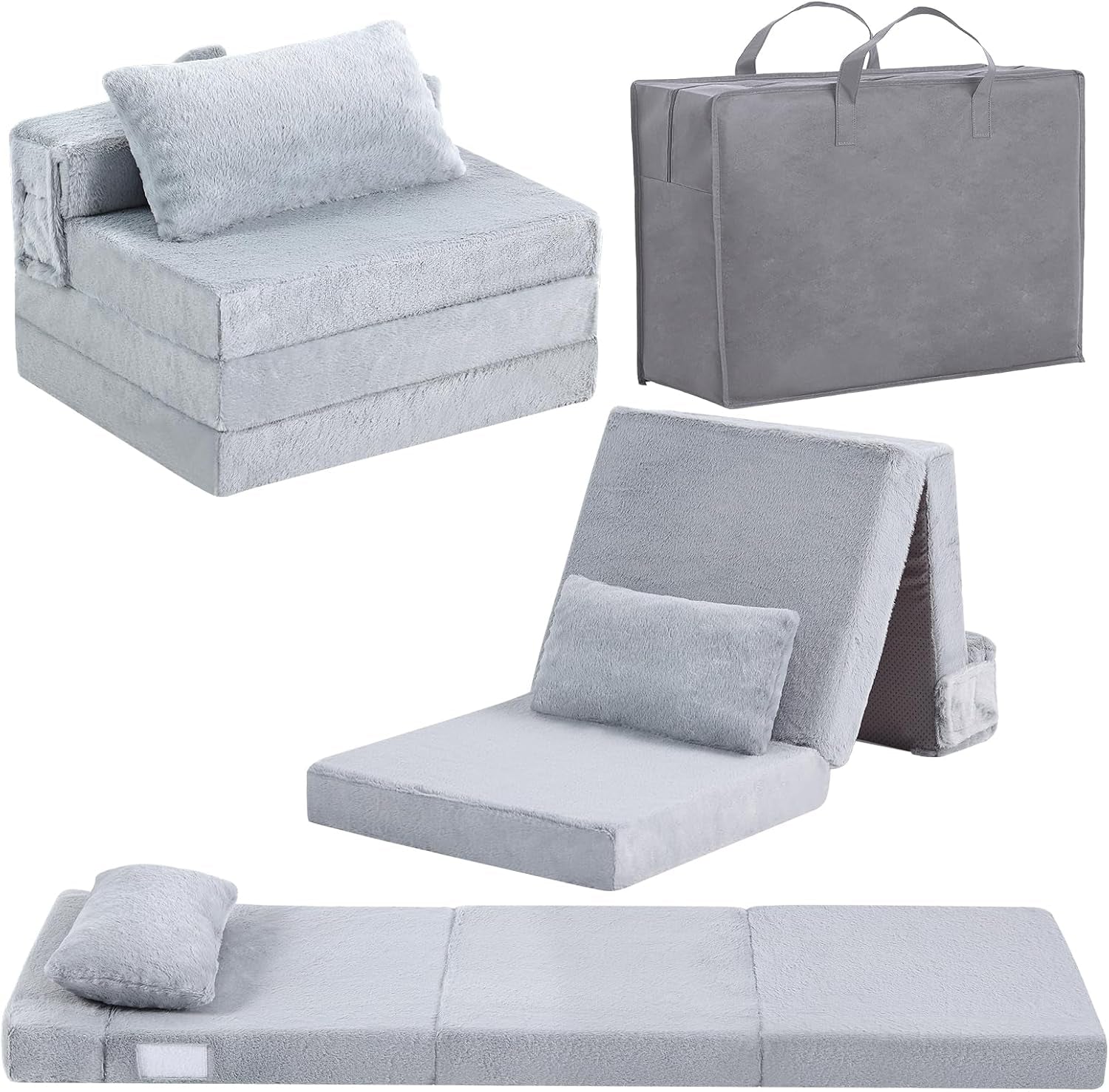 Light-gray tri-fold mattress shown folded into seat, carrying bag, and fully flat with a small pillow at the head.