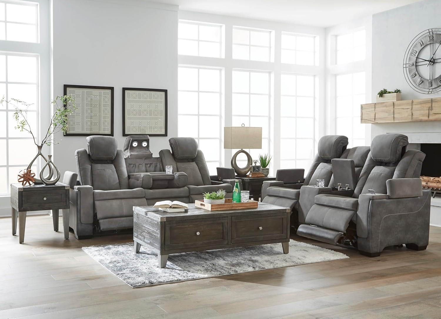 Signature Design by Ashley Next-Gen Durapella Modern Faux Leather Power Reclining Sofa with Adjustable Headrest, Gray