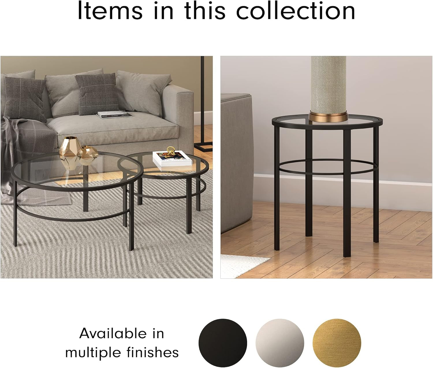 Collage of two styled room shots using the tables as coffee and side tables with three circular finish swatches below.