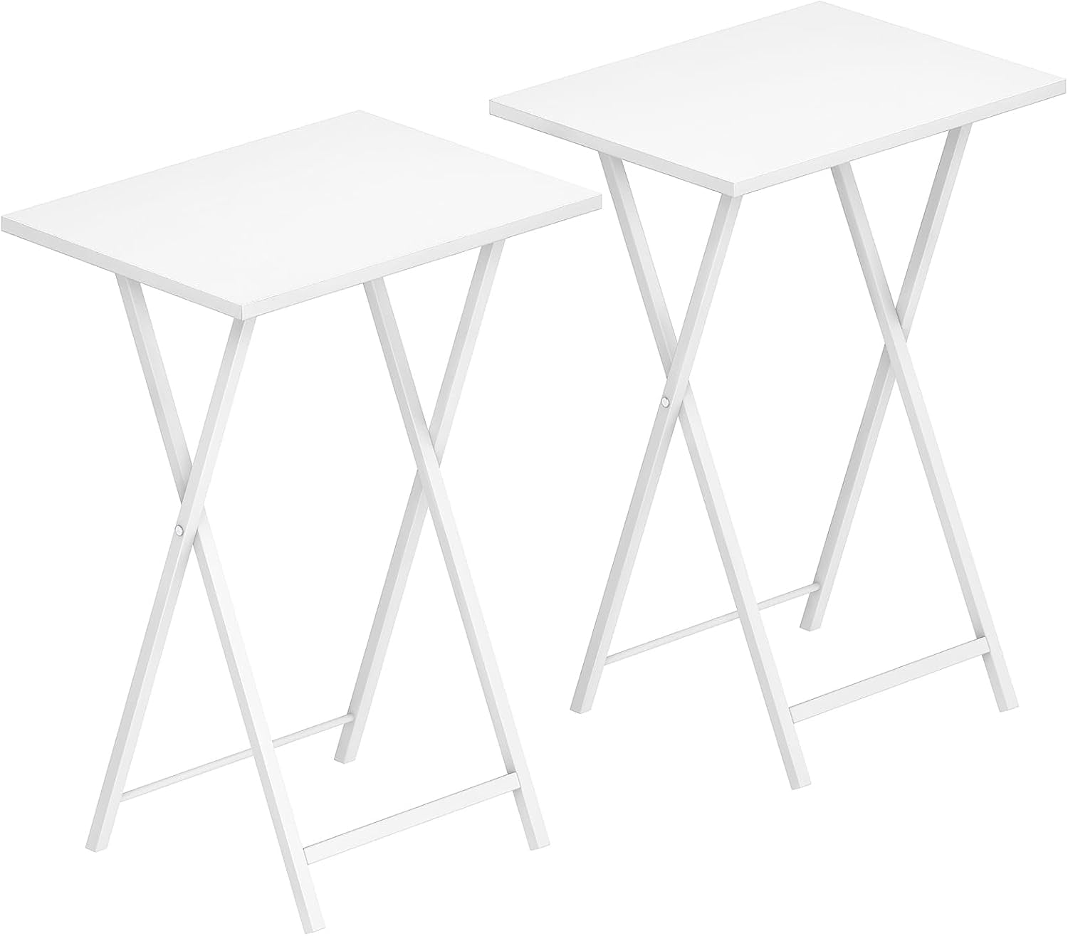 Set of two folding TV tray tables with white rectangular tops and white X-shaped metal legs