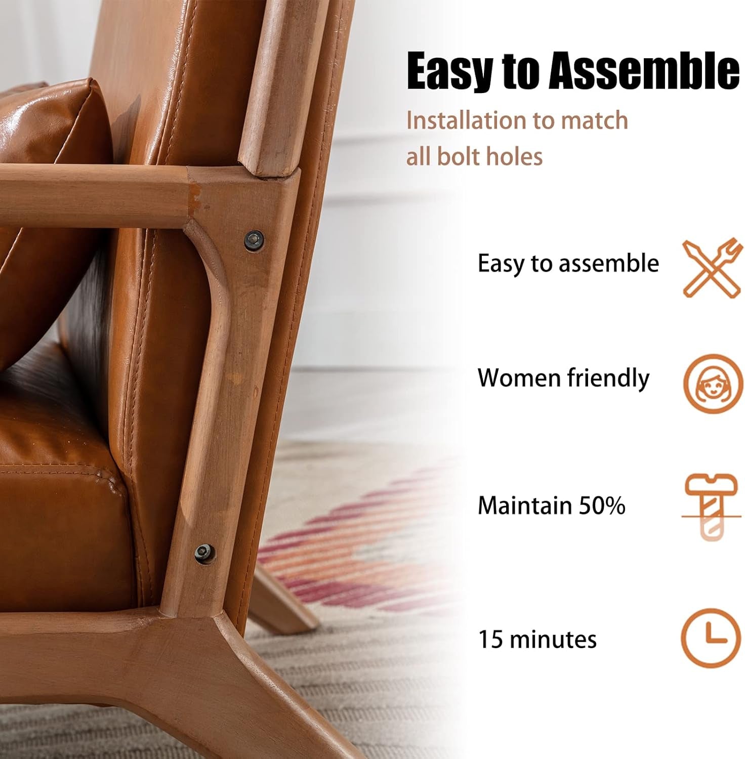 Close detail of the wooden chair frame and visible assembly bolts at the joint beside partial overlay text.
