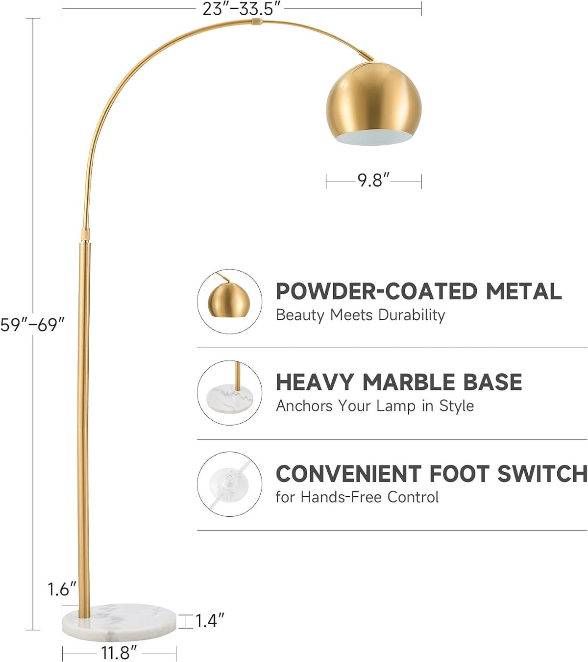 Dimension diagram showing 59–69 in height, 23–33.5 in arc width and 9.8 in shade diameter