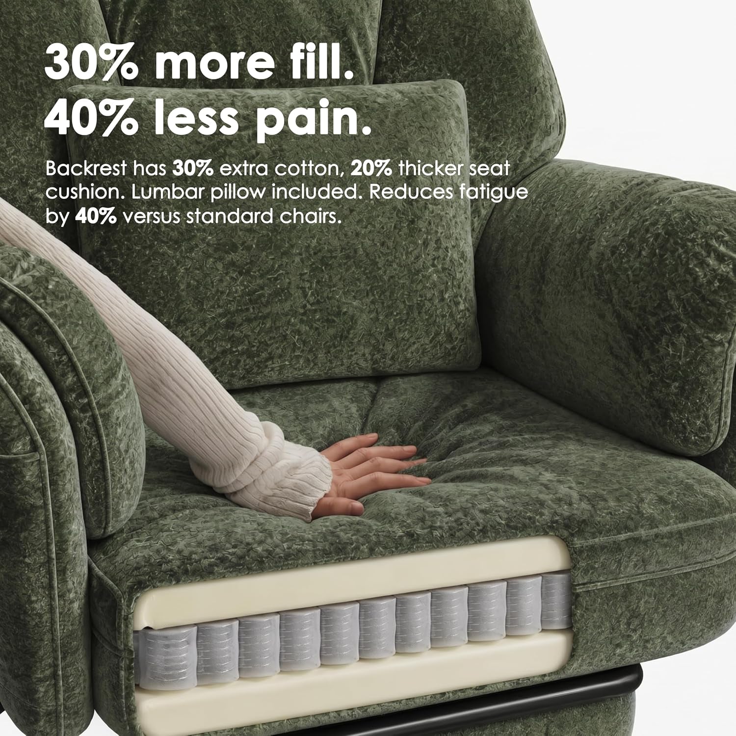 Close-up of the green velvet seat with a hand pressing the cushion and a cutaway revealing internal coil springs.