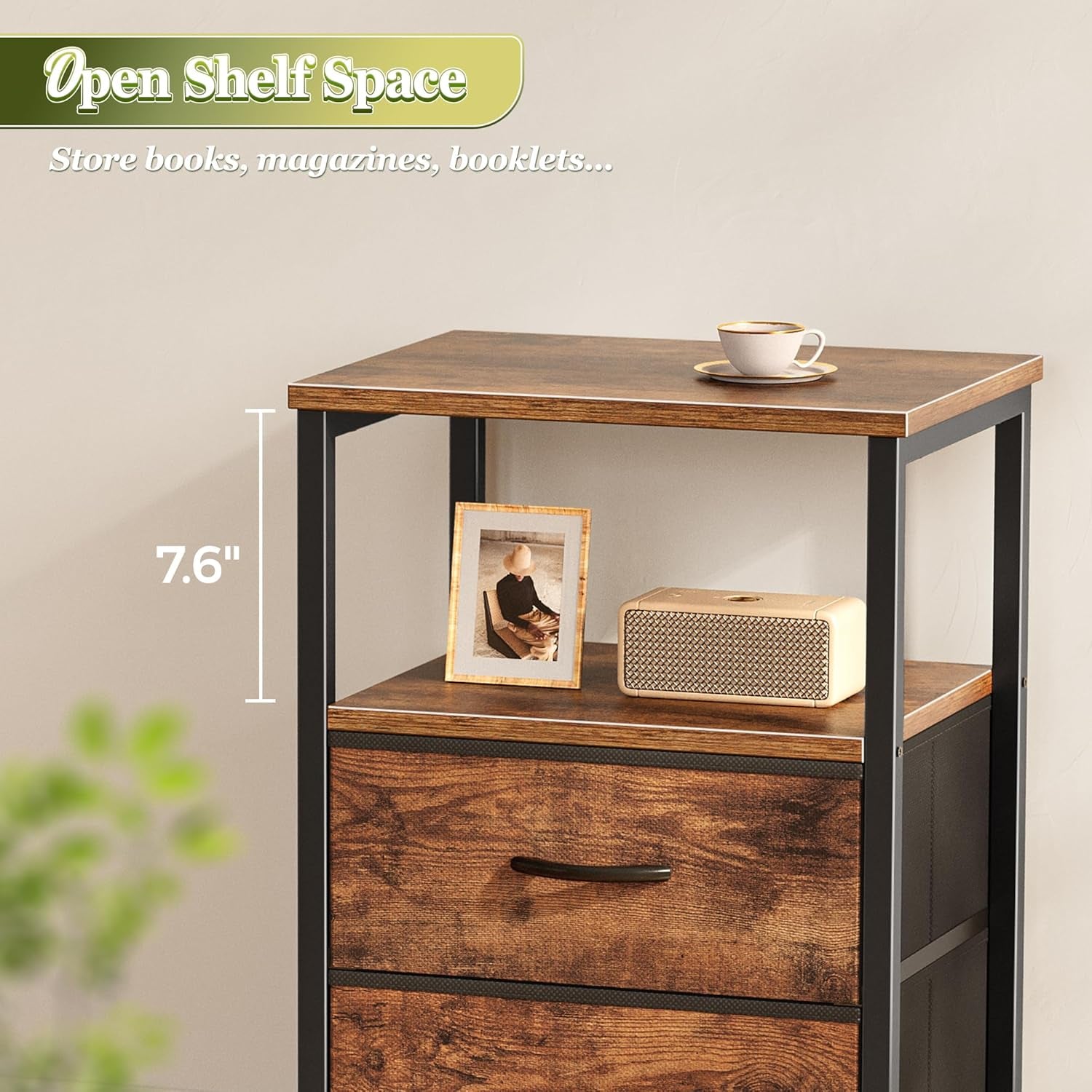 Front view of a brown wood nightstand showing the open shelf and top with cup; dimension callout at shelf.