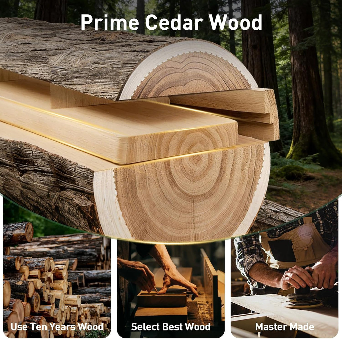Stylized close-up of a cedar log cross-section with planed wood boards and small woodworking vignettes below.
