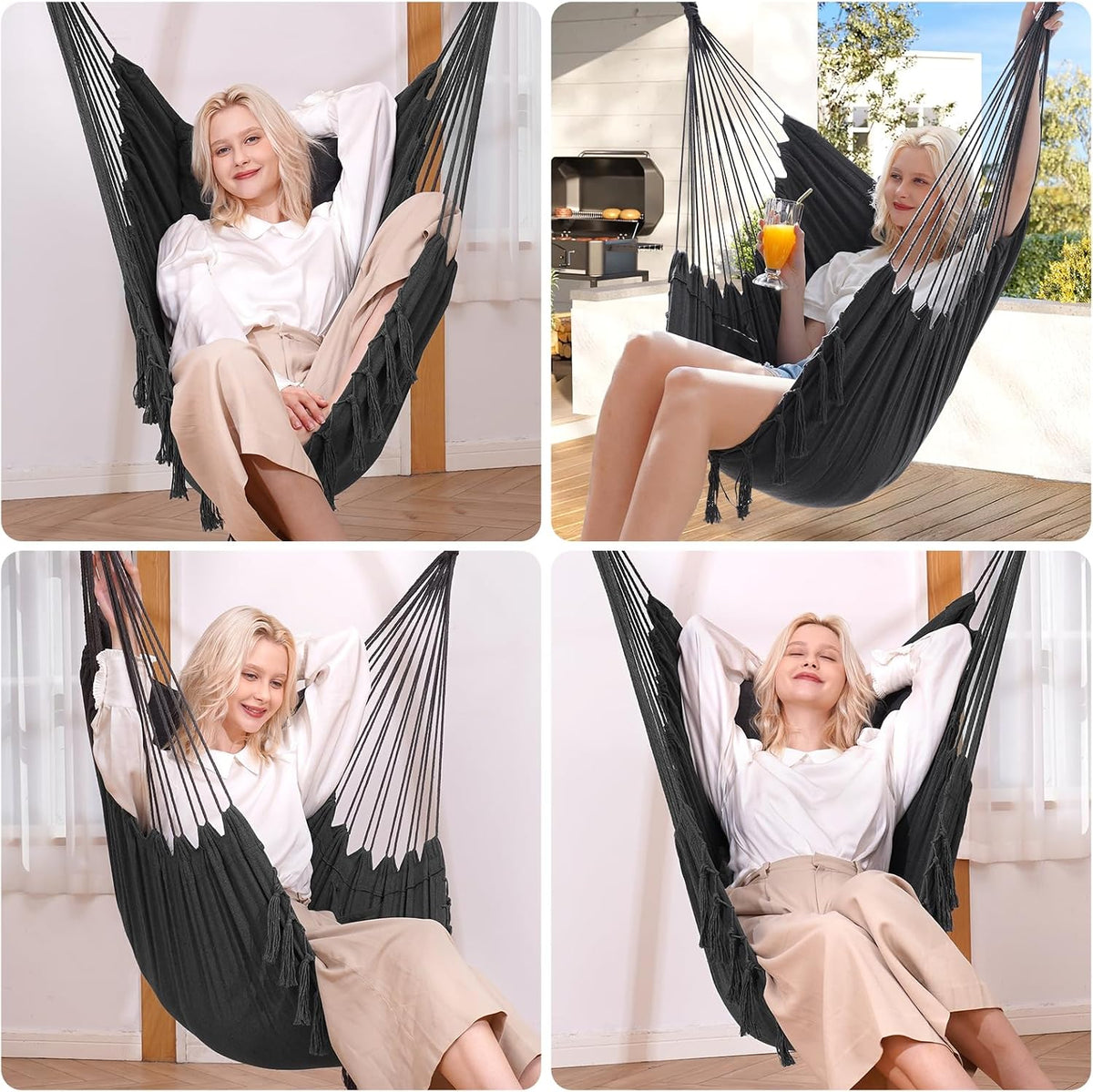 Four-panel collage showing a woman relaxing in the dark gray hammock chair in different seated poses.