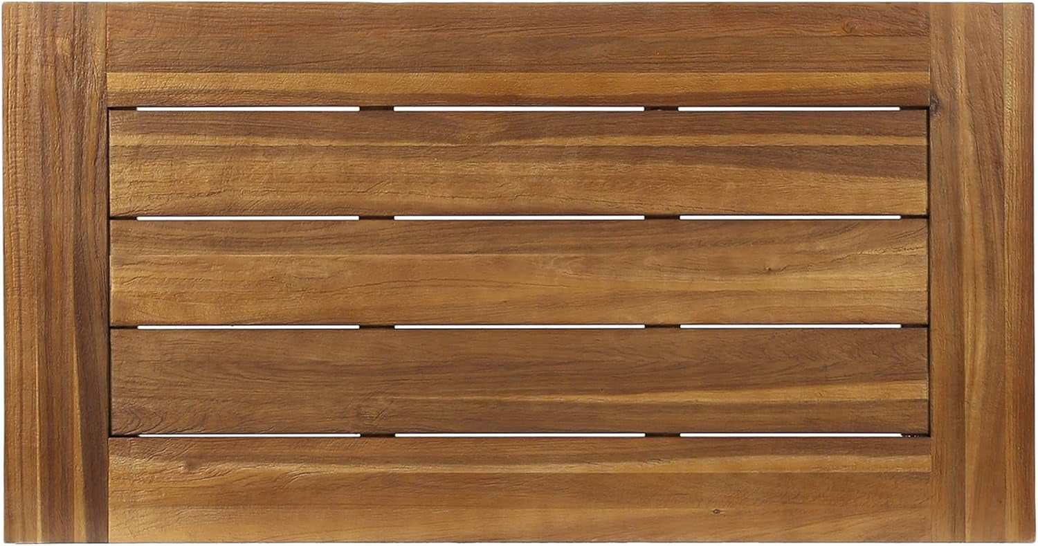 Top-down view of a rectangular acacia wood slatted tabletop with visible grain and framed border.
