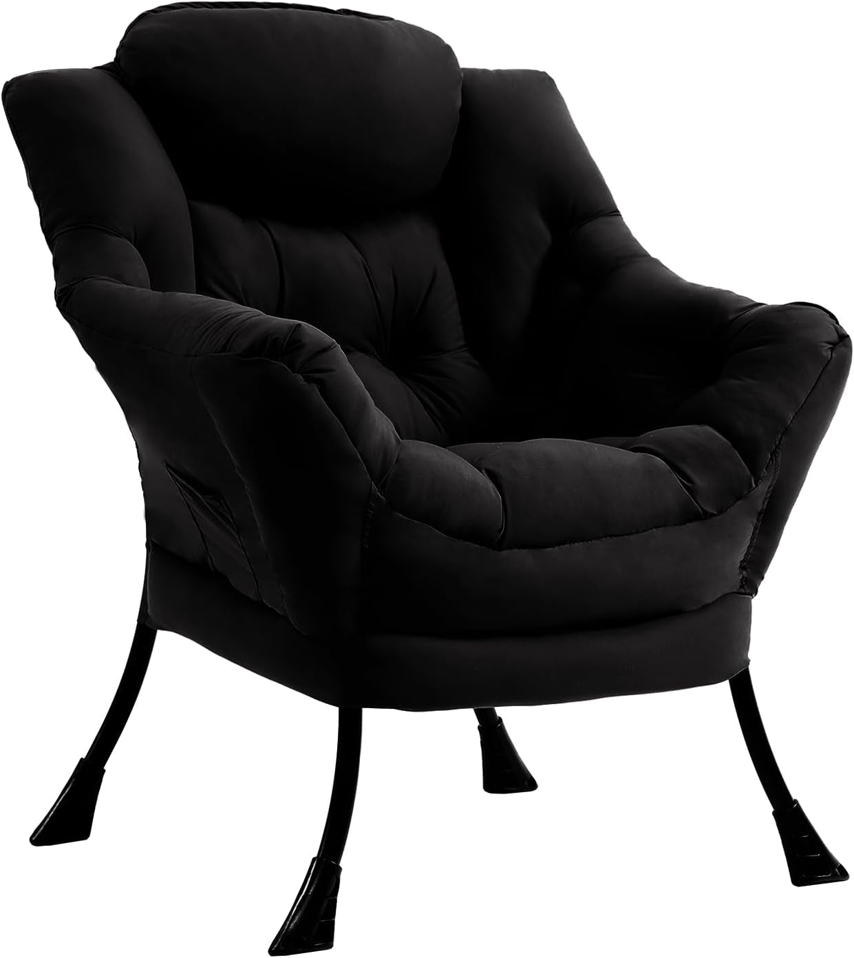 Front three-quarter view of a black padded lounge chair on curved black metal legs against white background