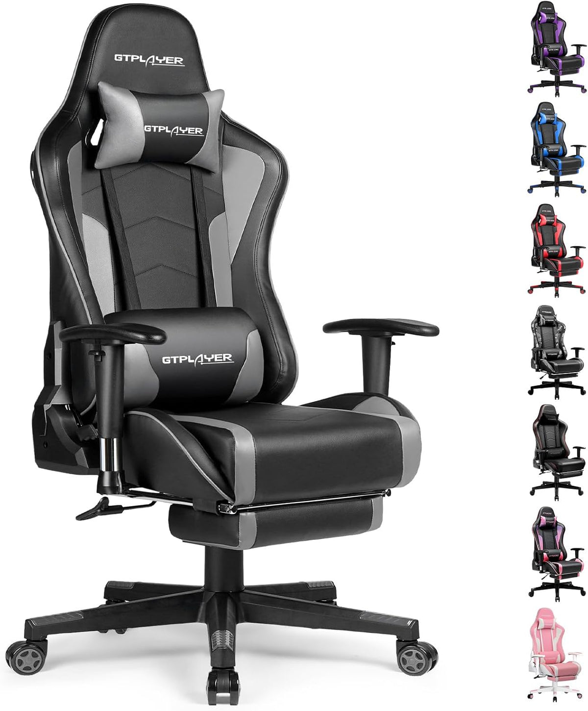 Black gaming chair with light gray panels, retractable footrest and matching lumbar and head pillows.
