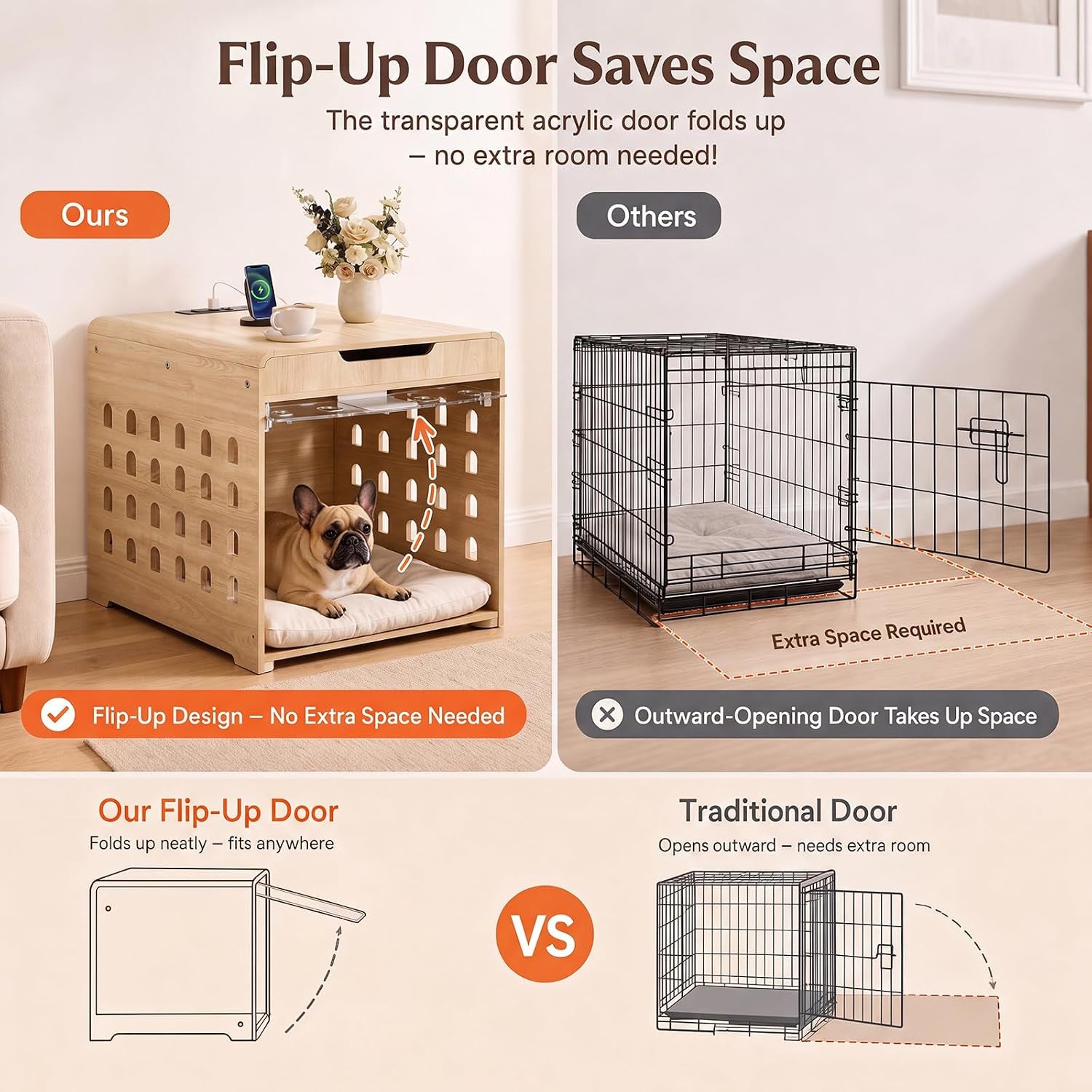 Oak crate demonstrating flip-up acrylic door folded up to save floor space alongside comparison to an outward-opening metal,s