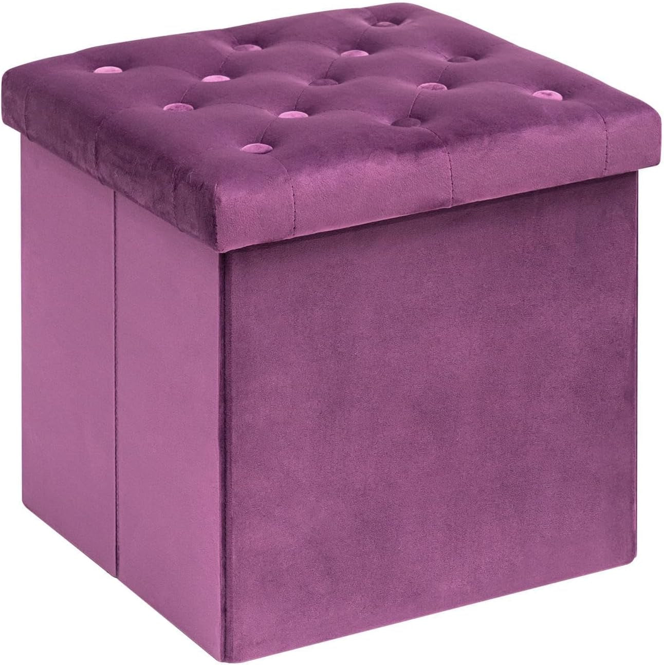 Square purple tufted velvet storage ottoman shown from a corner angle