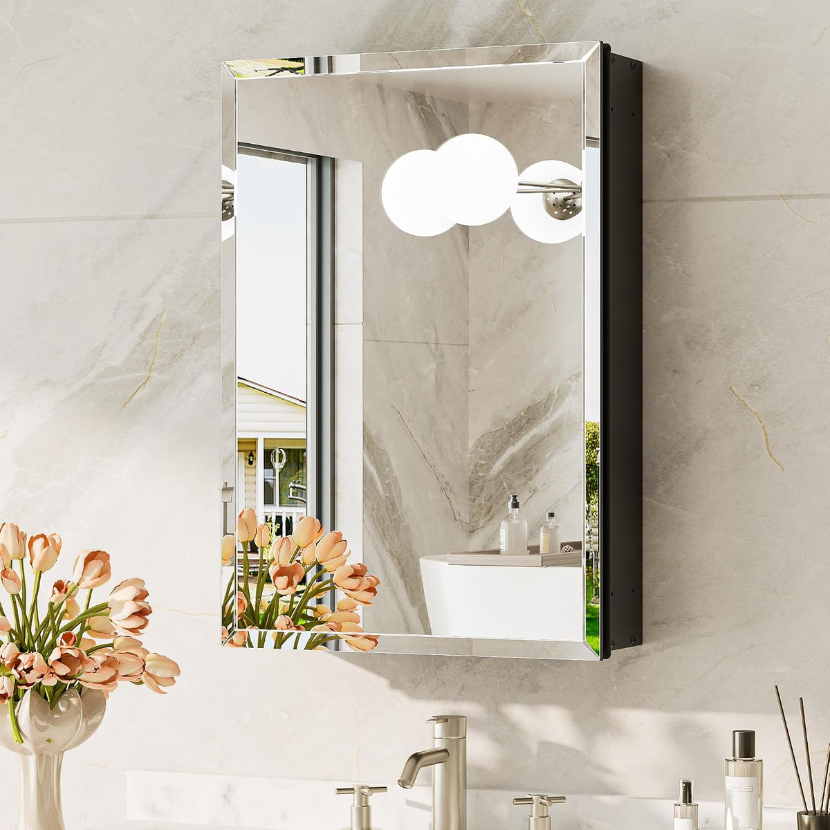 Angled detail of the mirrored door showing the beveled mirror and the cabinet's dark metal side on a tiled wall.