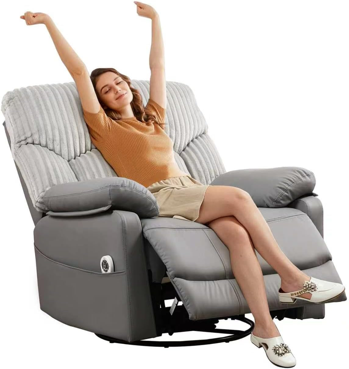 Woman seated and reclining on a gray version of the swivel rocker recliner with footrest down.