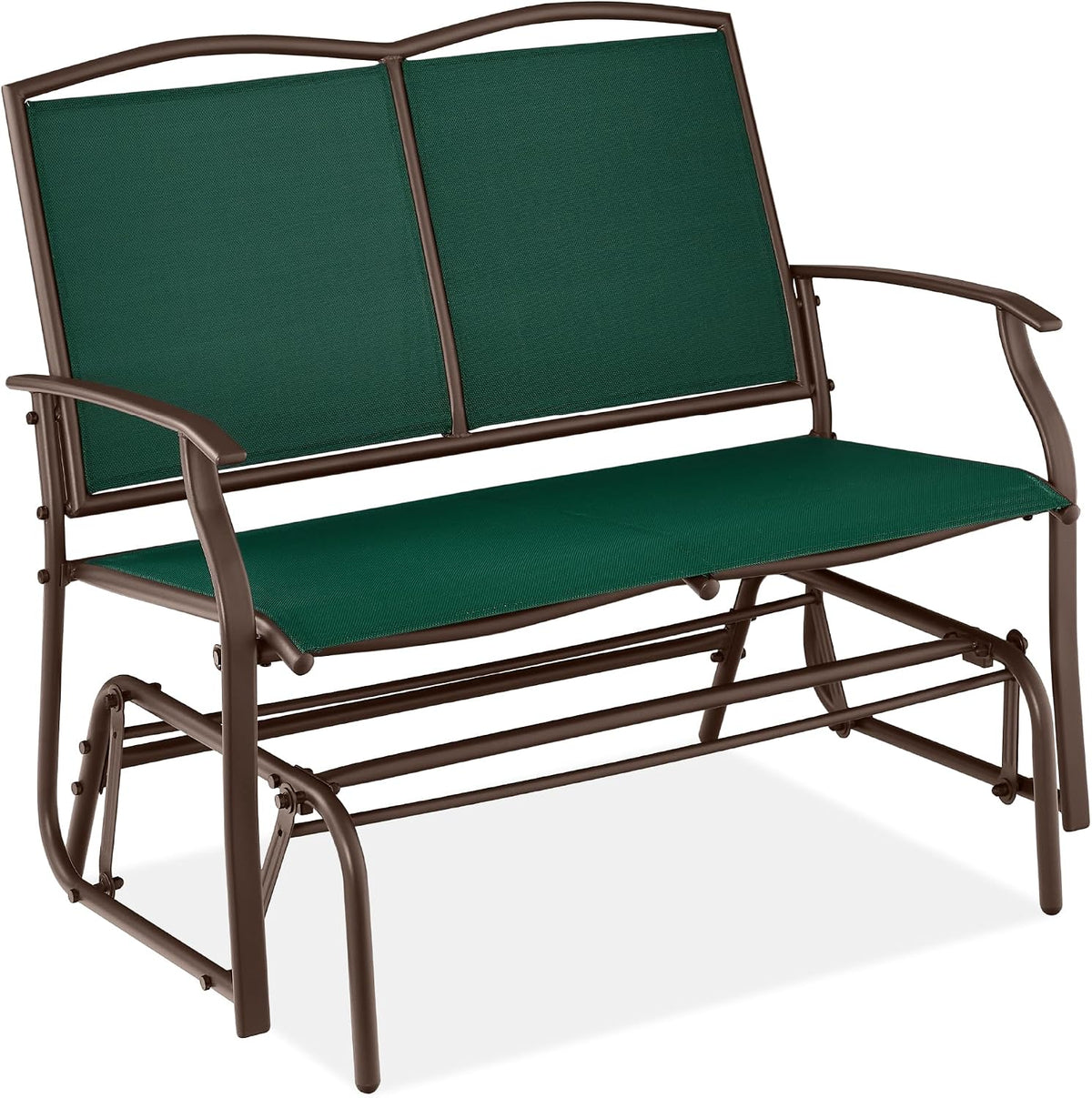 Studio shot of the glider in forest green textilene with a brown powder-coated steel frame