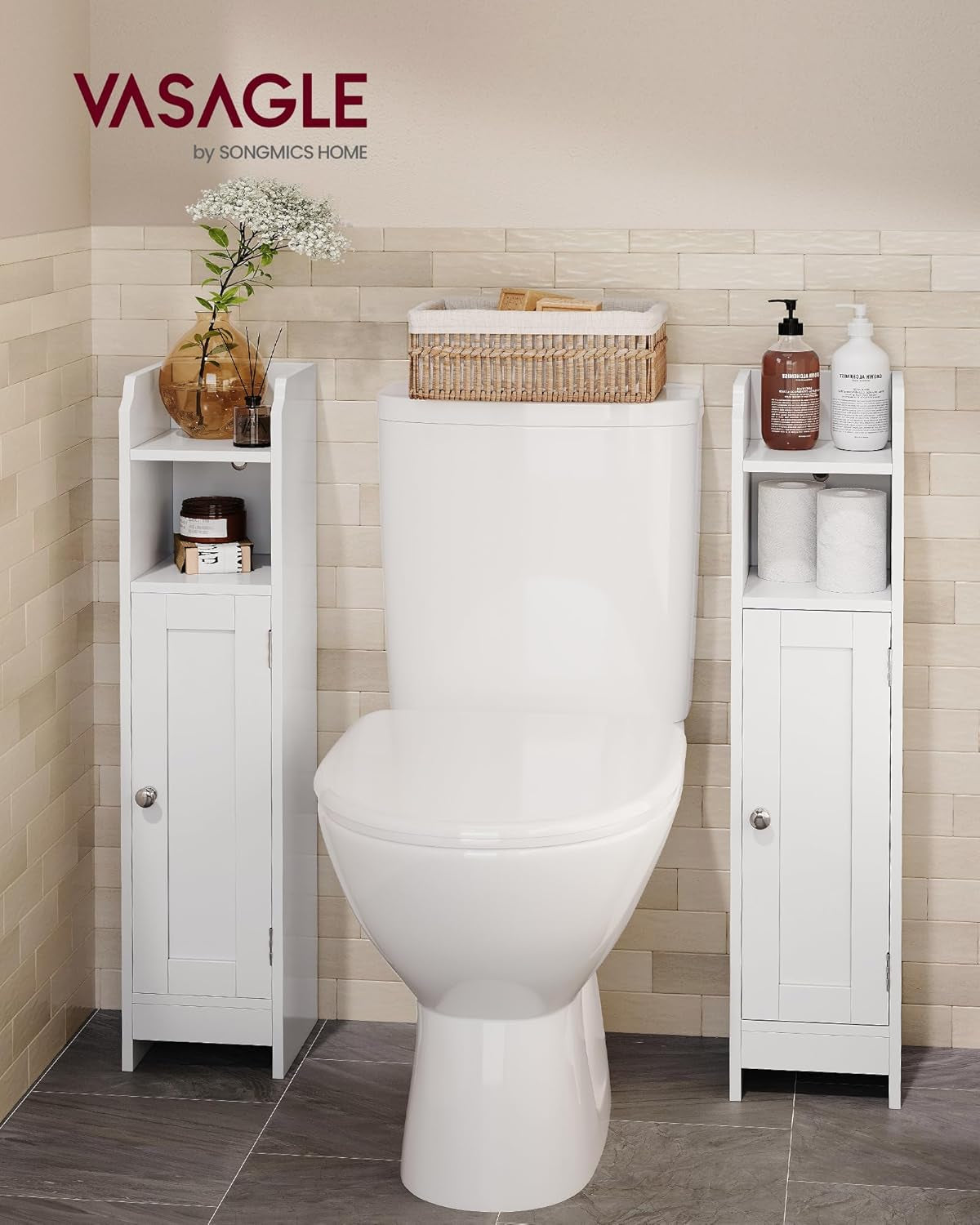 Two slim white storage cabinets flanking a toilet in a tiled bathroom setting, each with open shelves and a door.