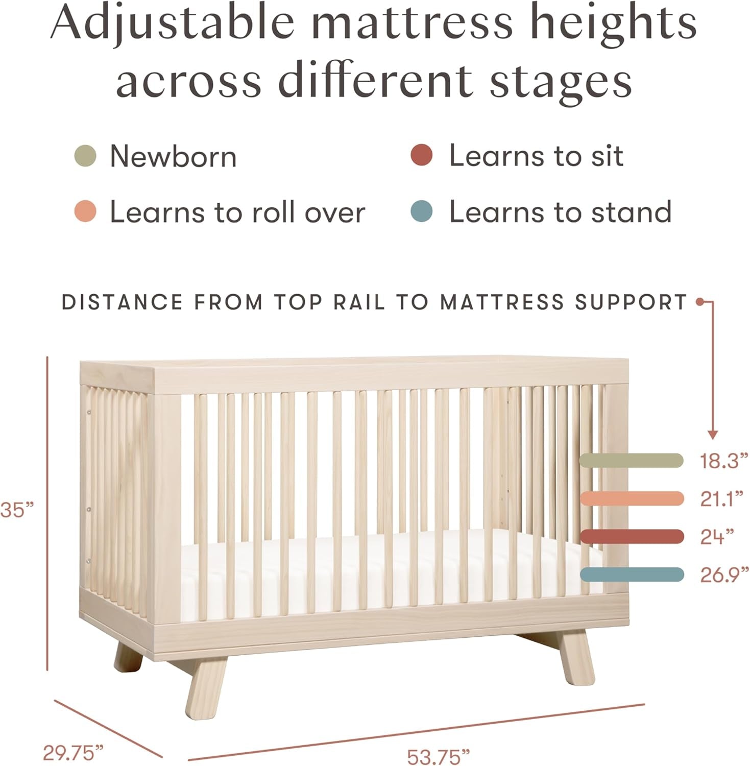 Three-quarter view of the crib with measurement lines showing height, depth and mattress height options.