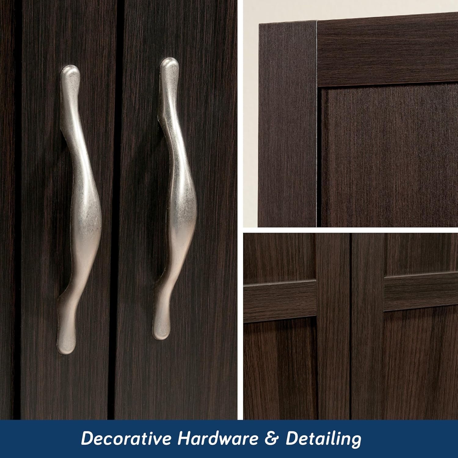 Three-panel collage showing two twisted silver door pulls and close views of the dark wood door edges and panels
