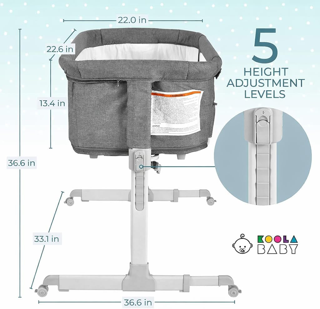 Front view of the bassinet on its stand with measurement lines and a circular inset showing the height-adjustment mechanism.