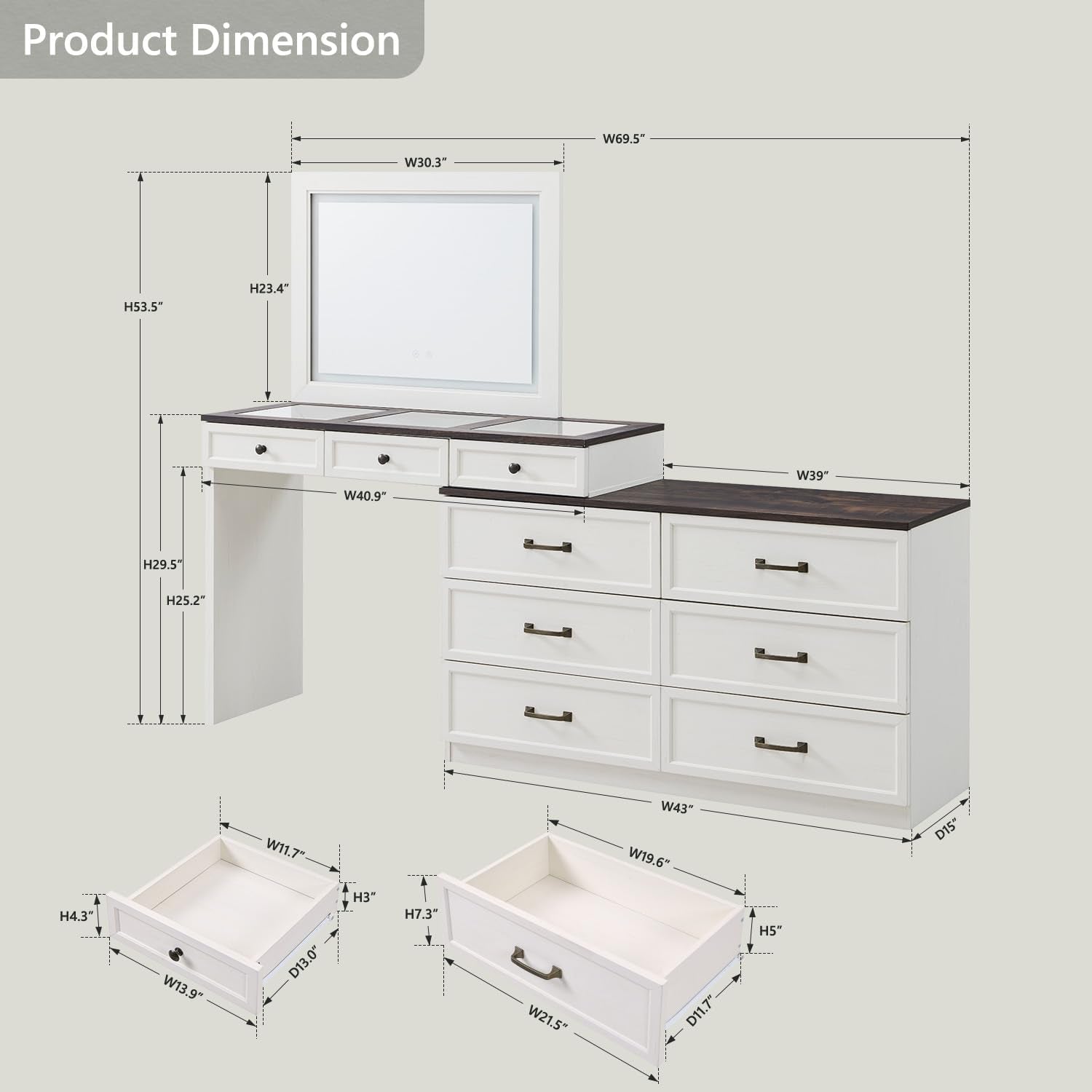 Antique white vanity with overlaid measurement diagram showing 69.5" W overall and mirror dimensions.