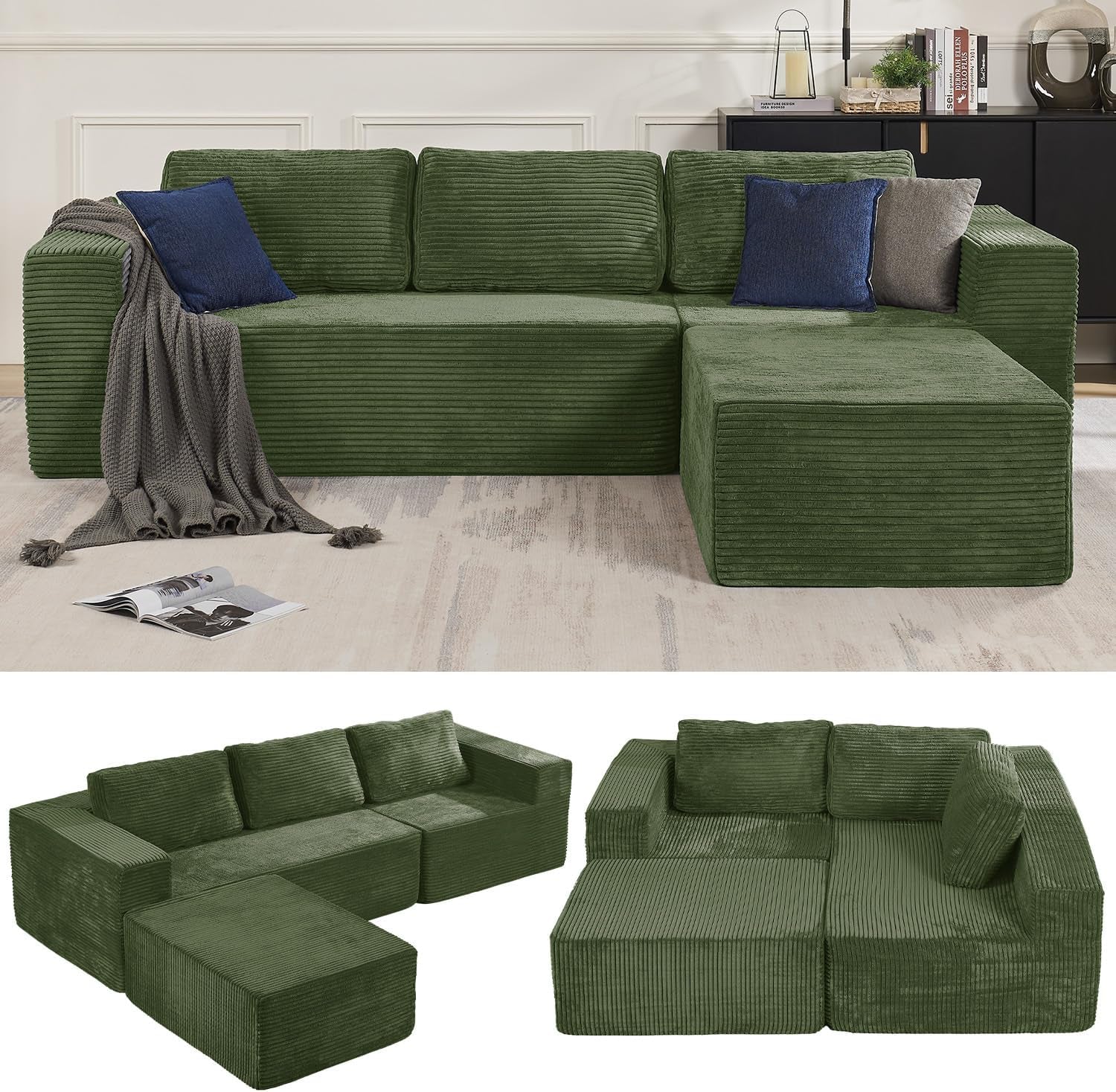 Collage showing a green modular L-shaped sofa with chaise at right and two alternate arrangement views below.