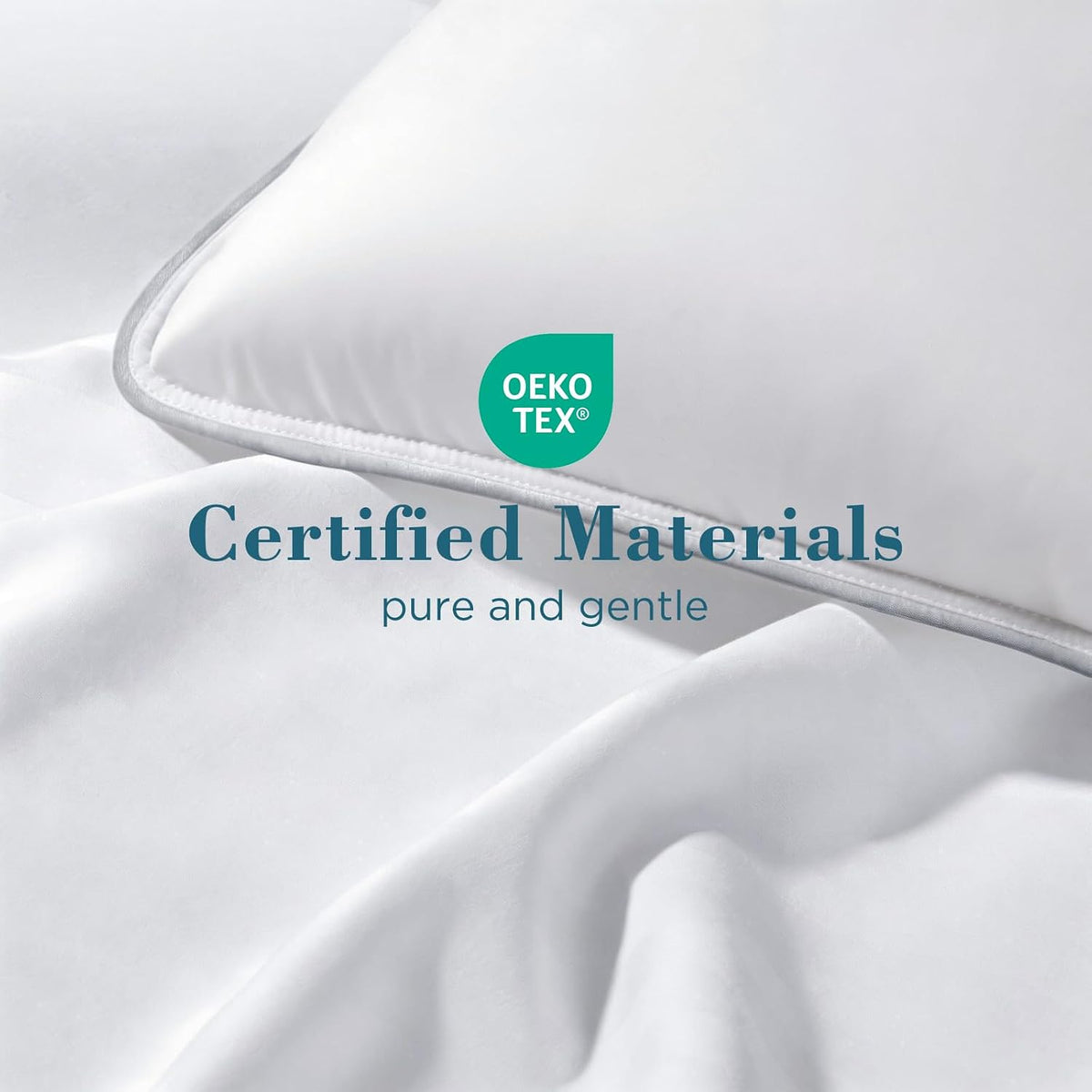 Close-up of a white pillow corner and fabric texture with an OEKO-TEX logo visible on the image