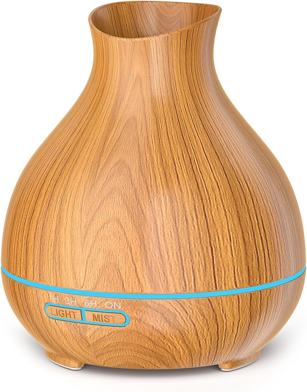 Close-up front view of a wood-grain teardrop-shaped essential oil diffuser.