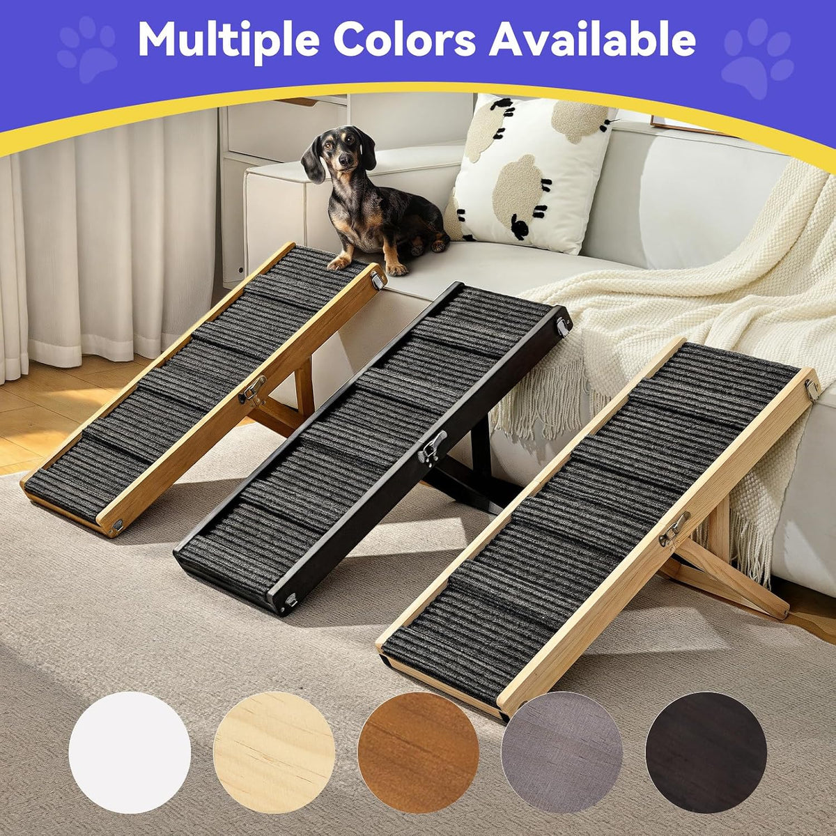 Three foldable ramps in light wood, black, and natural finishes displayed side-by-side on a living room floor