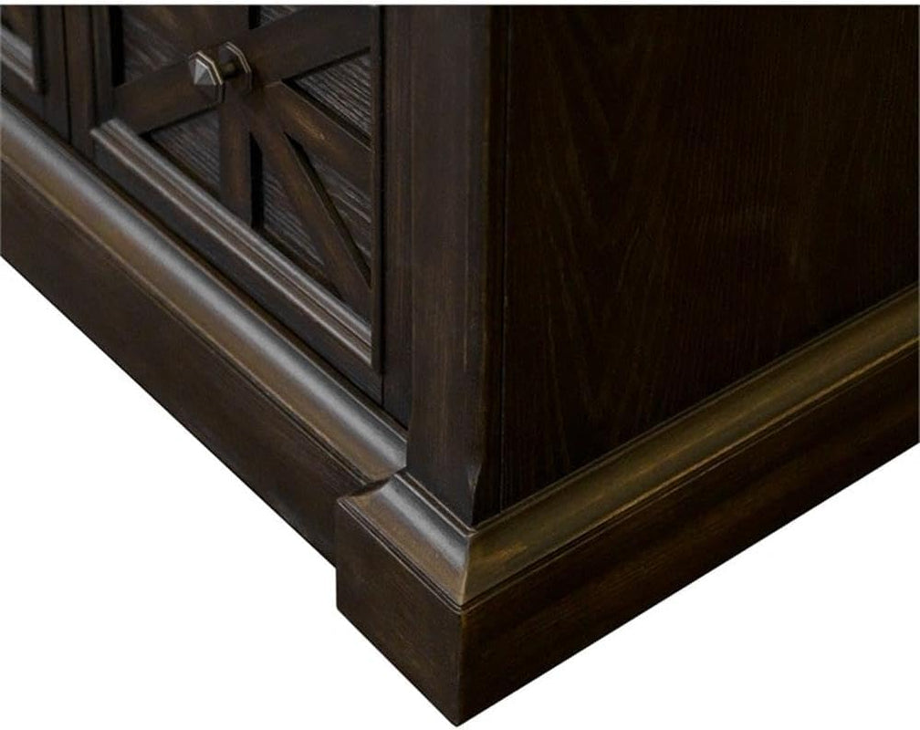 Close-up of the cabinet corner highlighting the stepped base molding and beveled corner block.