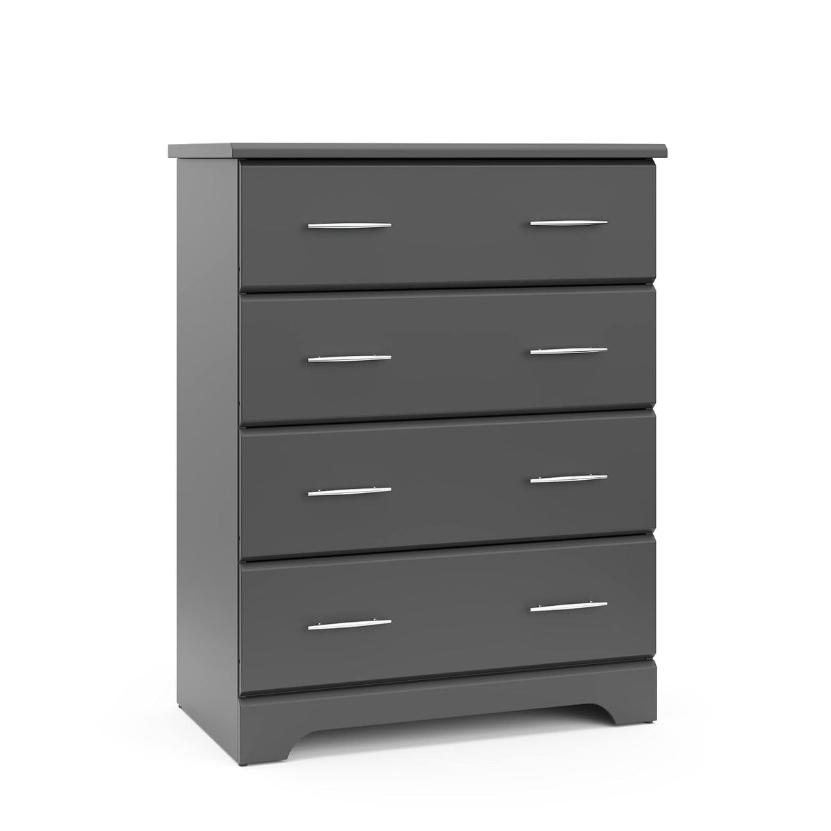 Charcoal-finished tall dresser with four drawers shown at a slight right angle on white background.