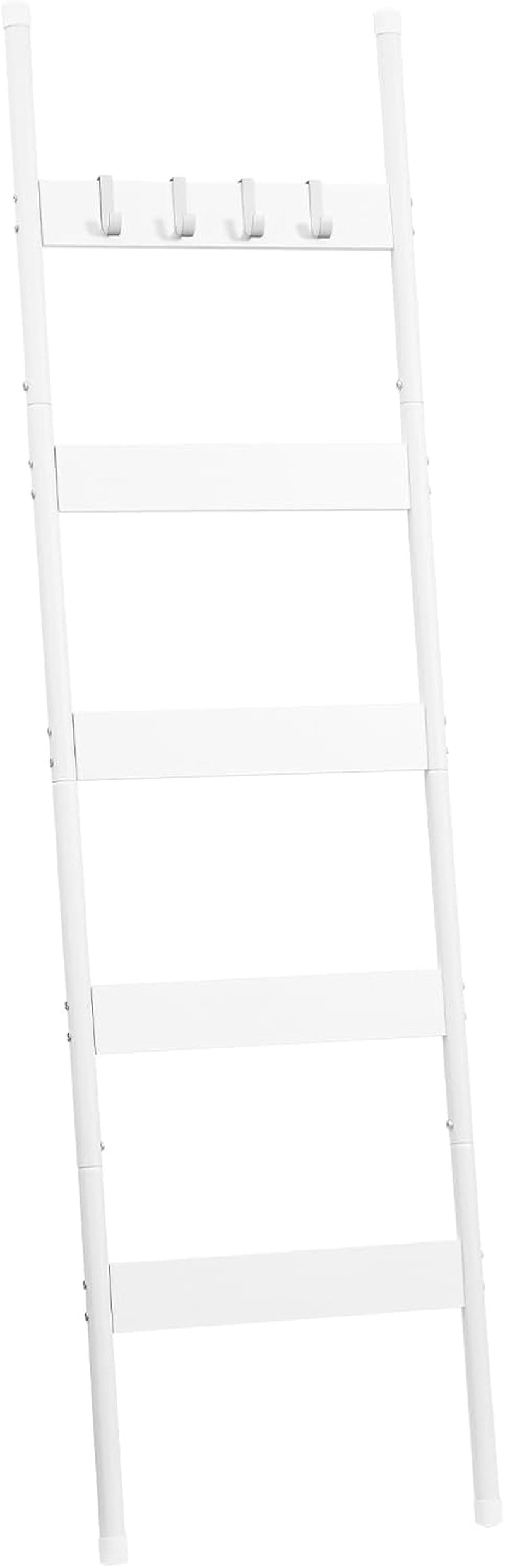 Full-length white ladder-style towel rack shown straight on with four horizontal slats and top hooks.