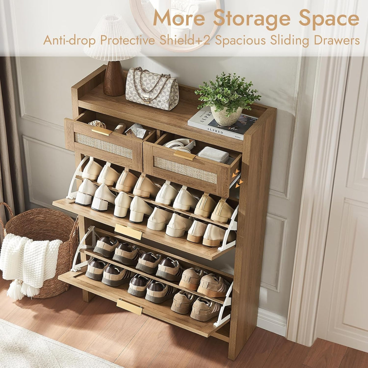 Top-front view of cabinet with both flip compartments open and two small woven drawers pulled out to show interior storage