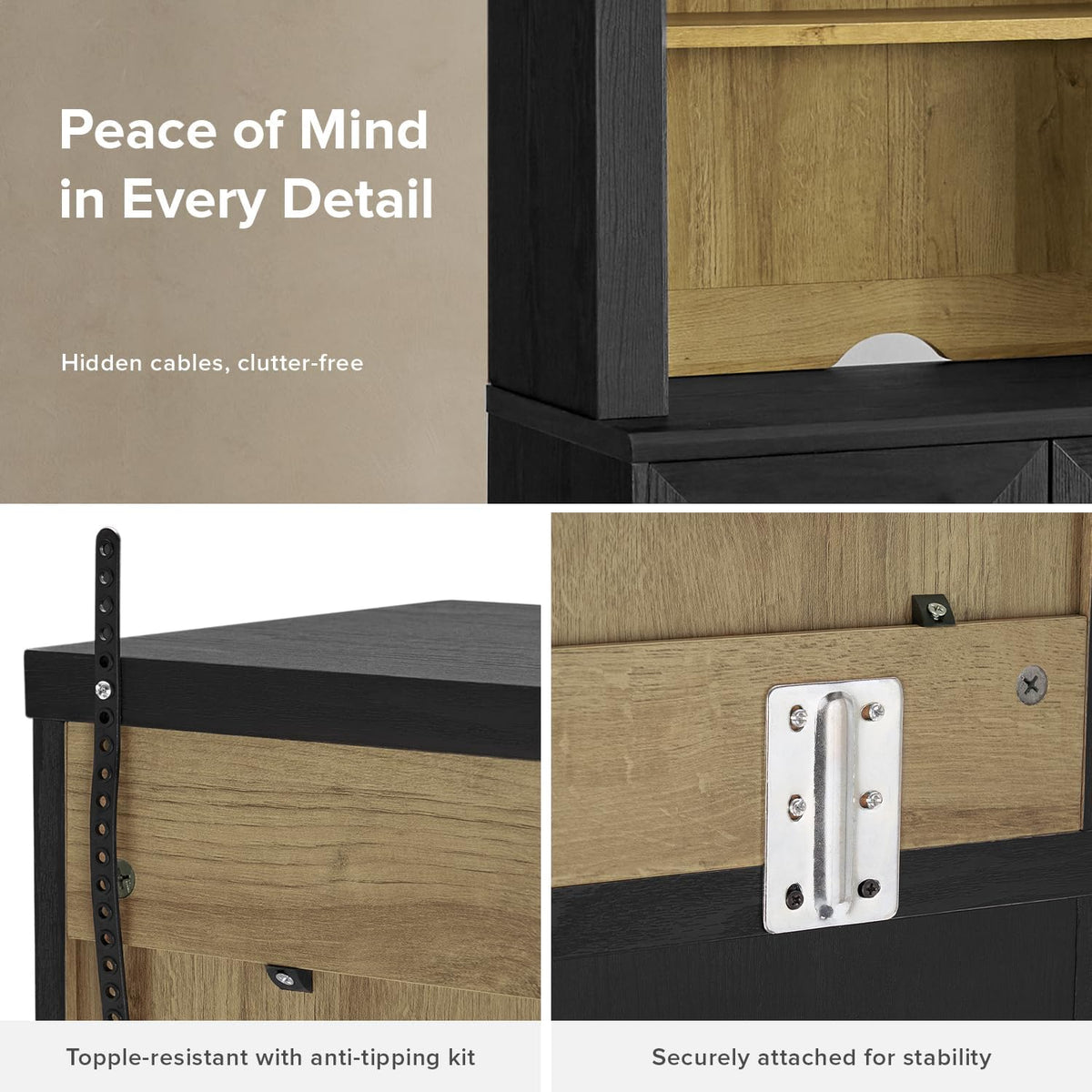 Collage showing hidden cable routing, anti-tipping strap attachment and metal bracket securing the hutch