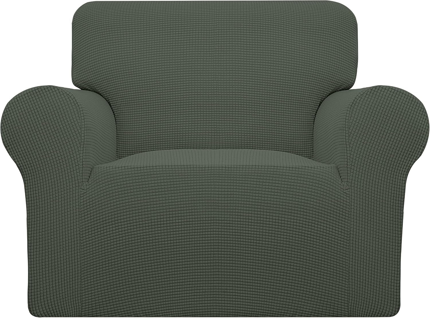 Front view of a two-cushion loveseat covered in a dark gray textured waffle-knit slipcover