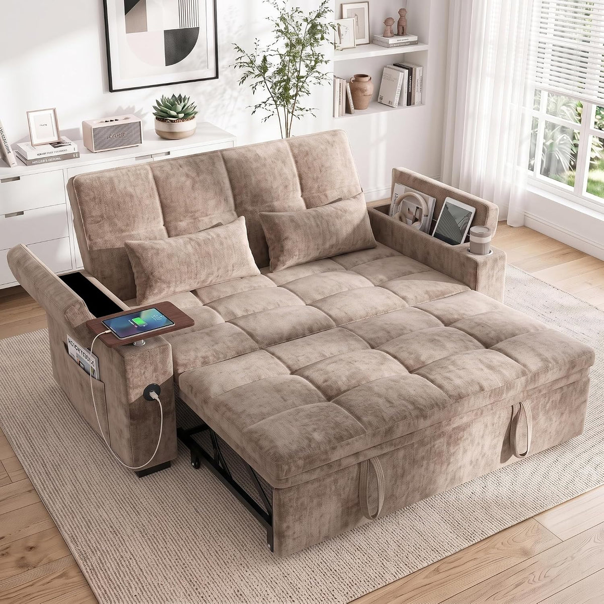 Beige chenille sleeper shown fully extended in bright living room, tufted mattress surface and arm pockets visible