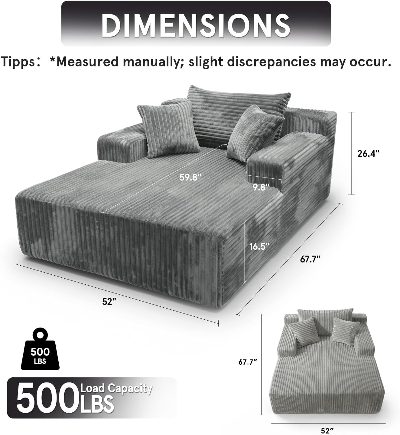 Dimension diagram for floor chaise lounge showing labeled measurements and a 500 lbs load capacity icon.