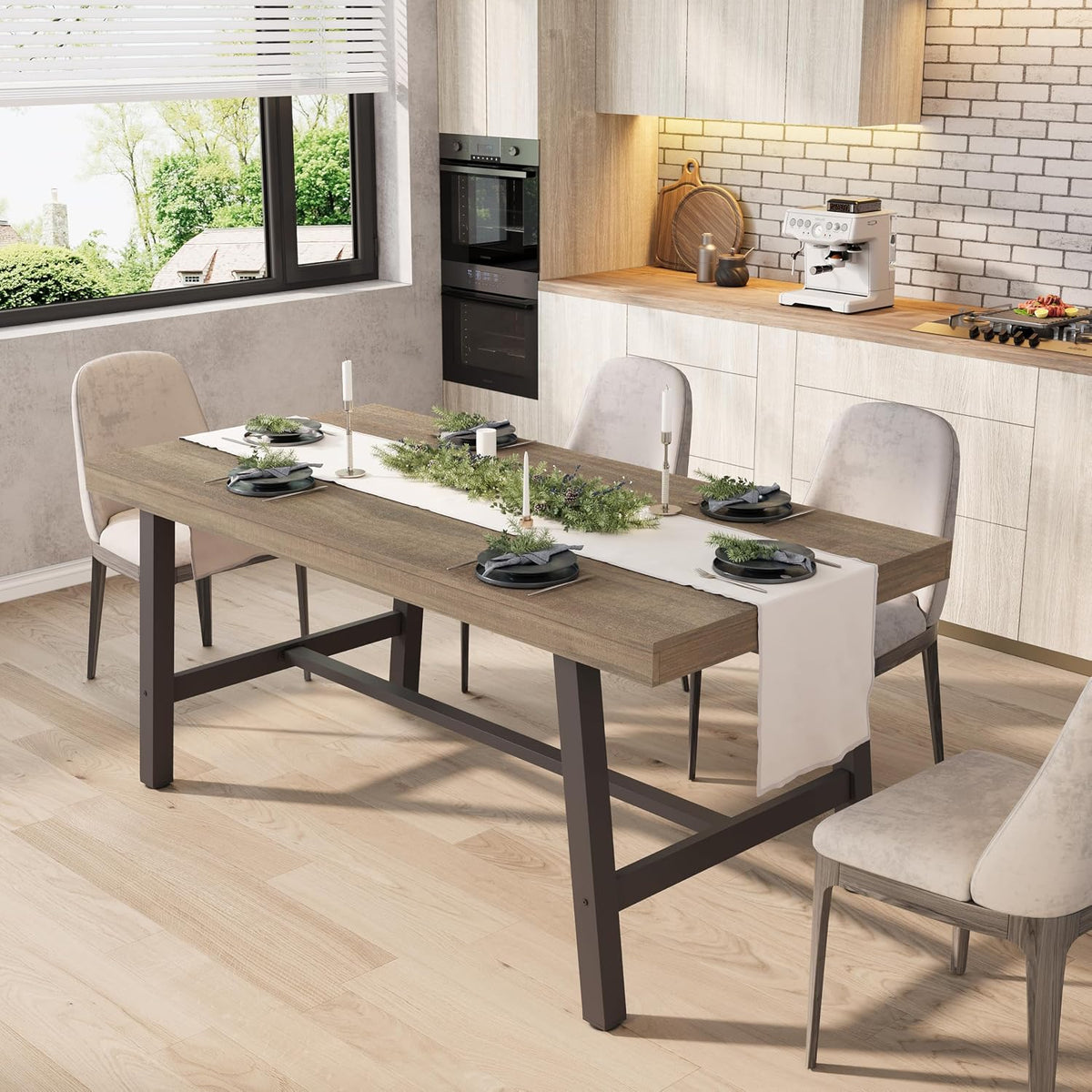 Rectangular brown wood-top dining table with dark metal legs styled in a kitchen with chairs and tabletop runner.
