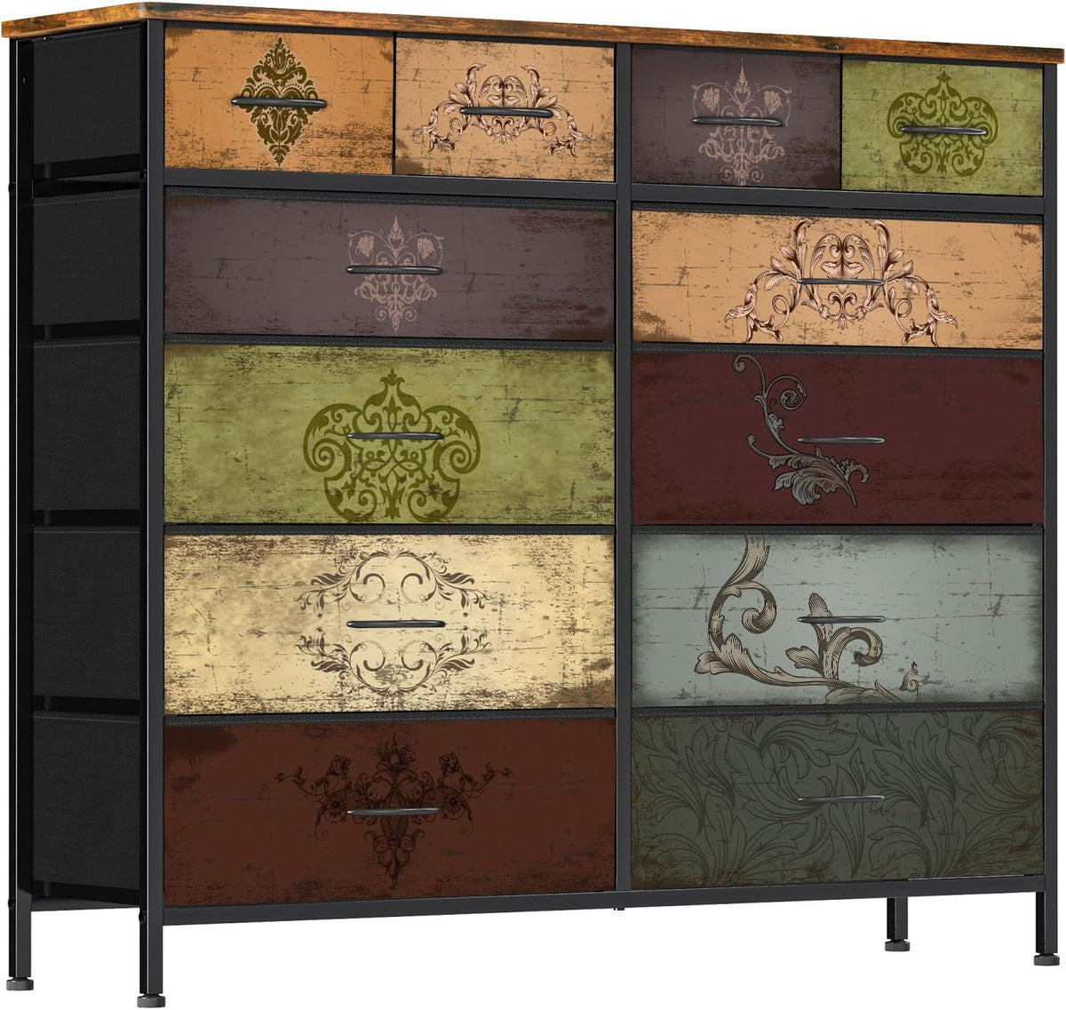 Close front view of dresser showing distressed multicolor drawer panels with decorative motifs