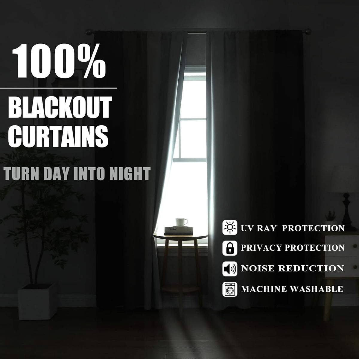 Curtains displayed in a darkened room to demonstrate blackout effect with overlay text and icons for protection features