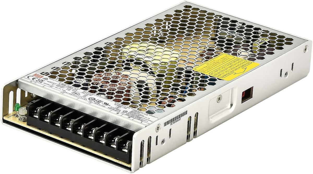 Metal rectangular power supply with honeycomb vent top and row of black screw terminals at the front