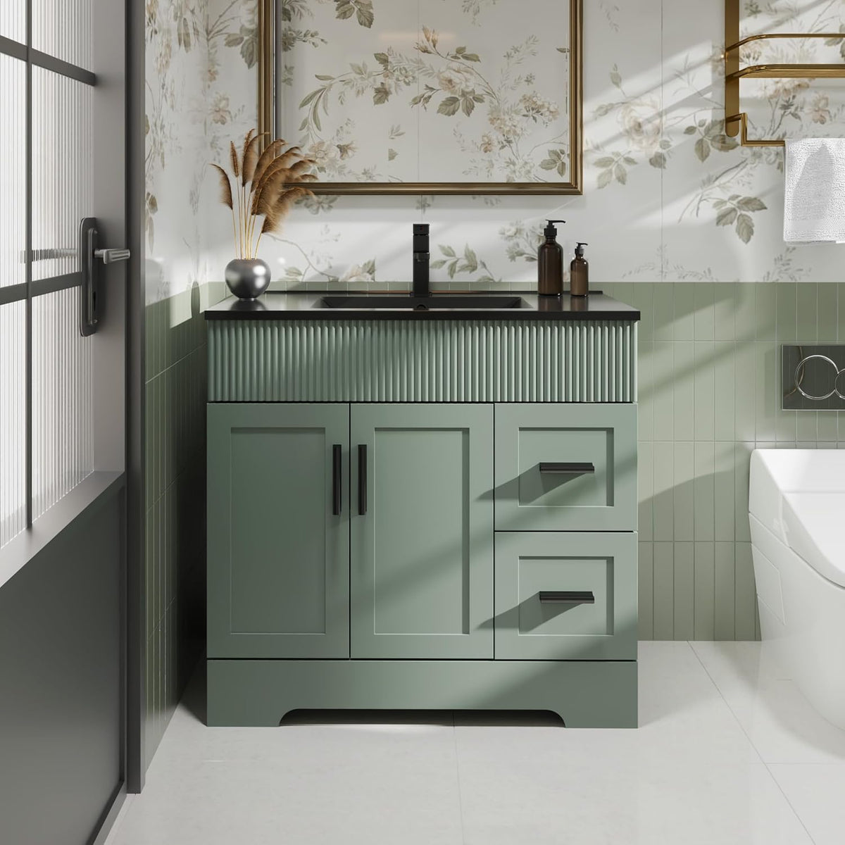 Front view of a sage-green bathroom vanity with black faucet and ribbed wave front detail.