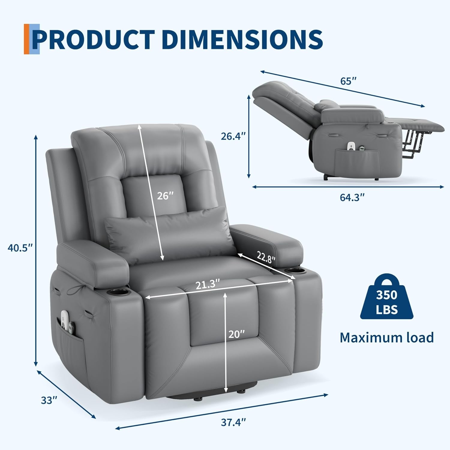Grey recliner diagram showing product dimensions with annotated seat and back measurements and a maximum load icon