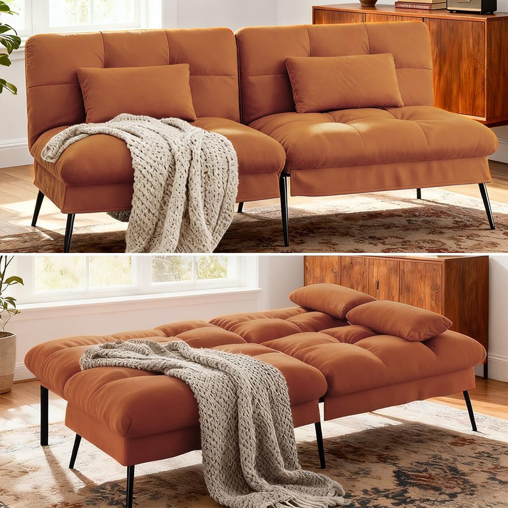 Rust-orange futon displayed upright as a two-seater and flattened into a bed with a throw.