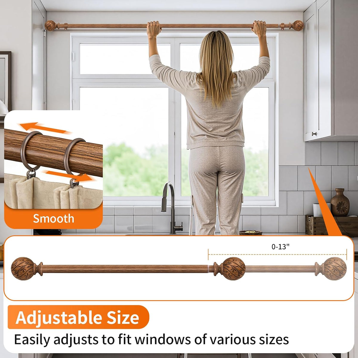 Person reaching up to hold the telescoping wood-grain rod in place above a kitchen window