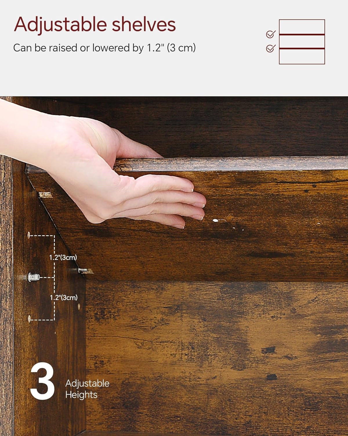 Close-up of a hand lifting a wooden shelf inside the unit, showing shelf pins and textured wood grain.